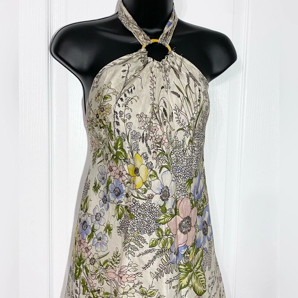 Y2K Froxx SILK Watercolor Floral Bamboo Ring Halter Top USA MADE Vintage Large - Picture 3 of 7